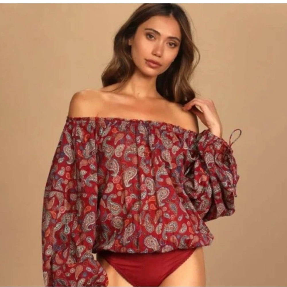Free People Sundown Bodysuit Red Paisley Long Sleeve Off Shoulder Size Large (L)